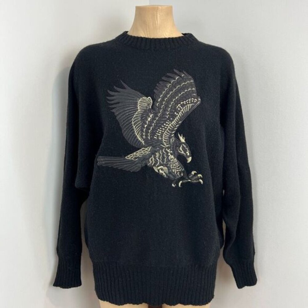 Vintage 80s Ornella Womnen's Size Large Black Embroidered Eagle Pullover Sweater